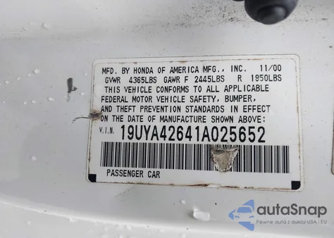 2001 Acura Cl 3.2 Type S from USA, damaged, VIN 19UYA42641A025652